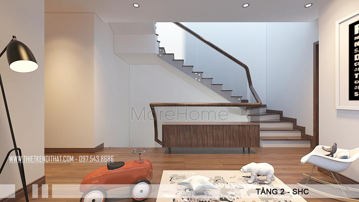 Cầu thang gỗ trong mẫu thiết kế biệt thự VinHome Thăng Long